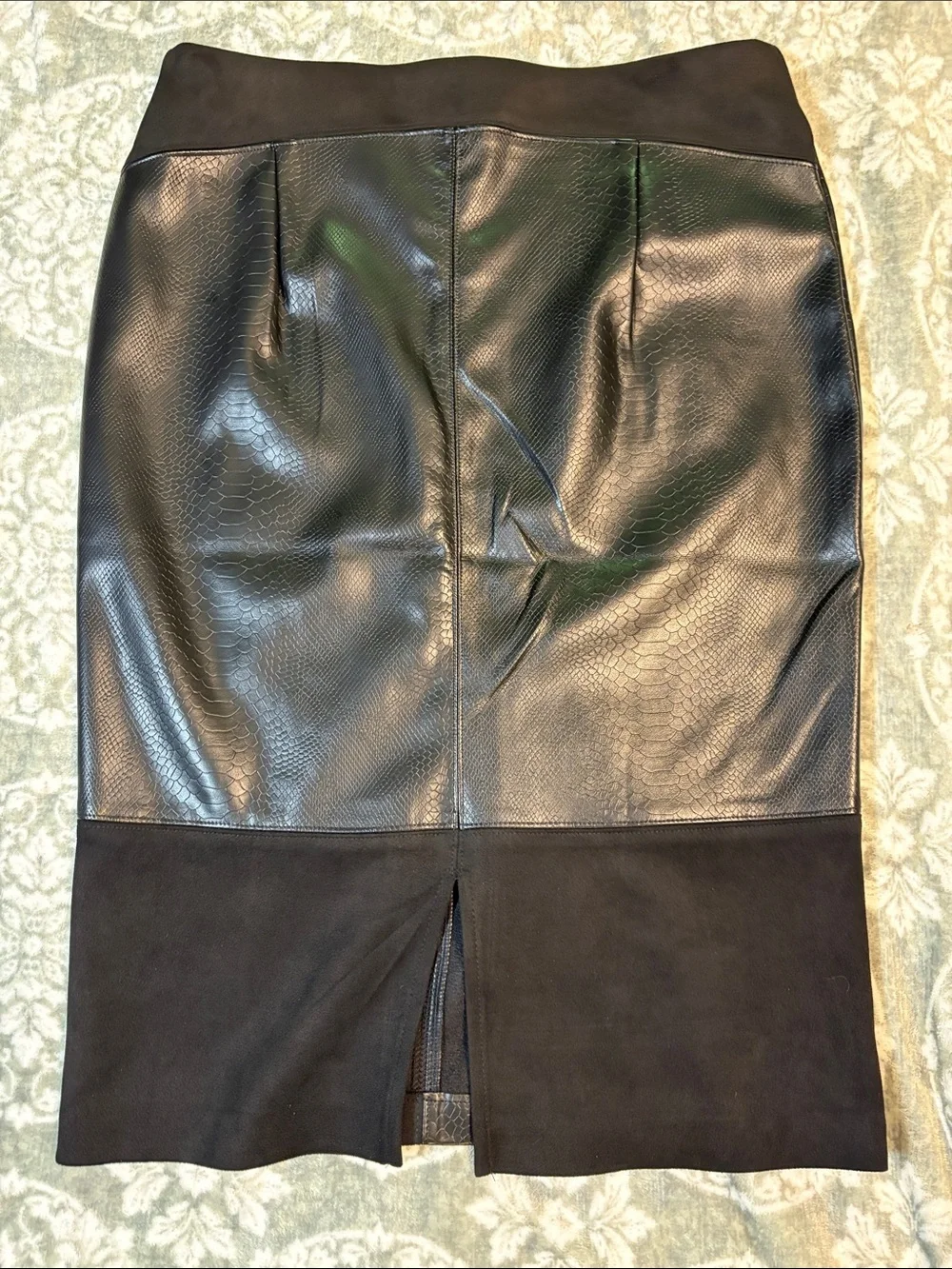 Black Faux Leather & Suede Pencil Skirt - Women's